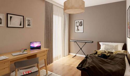 Schlafzimmer mit einem bodentiefen Fenster - 