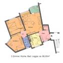 Grundriss der Wohnung mit 3 Zimmern, Badezimmer, Küche und Balkon - 