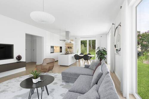 Blick Küche / Essbereich visualisiert - 5 Zimmer Einfamilienhaus zum Kaufen in Berlin