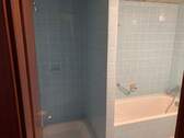 Blau gefliestes Badezimmer mit Dusche und Badewanne und dazwischen befindlicher Trennwand.JPG - 