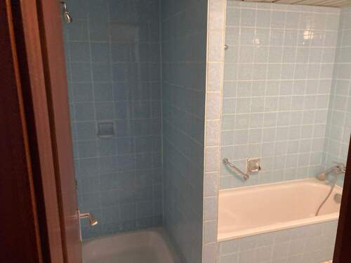 Blau gefliestes Badezimmer mit Dusche und Badewanne und dazwischen befindlicher Trennwand.JPG - 