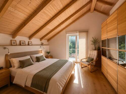 Ruhiges Schlafzimmer mit Holzdecke und französisch - 