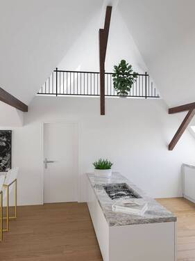Küche mit Blick auf die Galerie - 4 Zimmer Etagenwohnung in Sternenfels