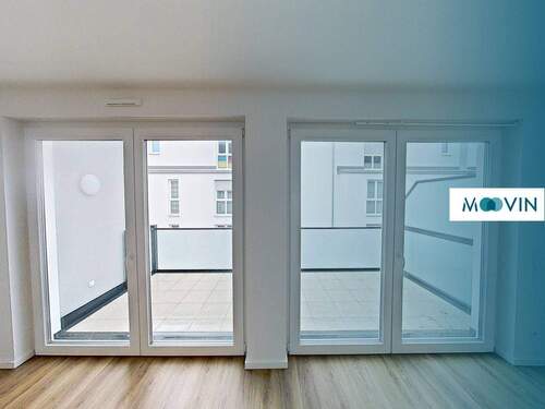 Ansicht I: Wohnzimmer mit offener Küche - Exklusive 2-Zimmer-Wohnung mit Balkon und EBK im 'EYBDUO'