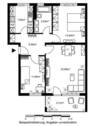 Grundriss mit Wohnzimmer (ca. 24m²), Schlafzimmer (ca. 15m²), Kinder-/Arbeitszimmer ca. 11,7m², Bad (ca. 5,52m²), Küche (ca. 7,6m²), Flur (ca. 6,5m²), und Balkon (ca. 3,3m²) - 