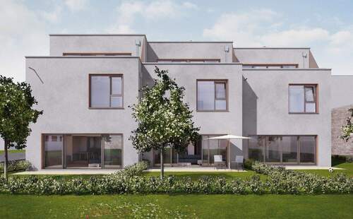 Gartenseite Fassade - Einfamilien-Architekten-Haus Dreispänner 6,80m breit, 9,50 lang 3 Etagen je 2,70m