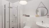 Modern gefliestes Badezimmer mit bodengleicher Dusche - 