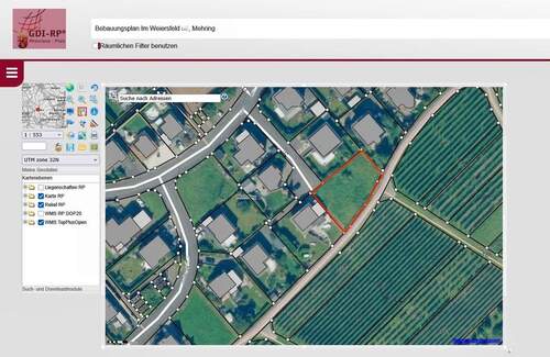 Bebauungsplan_GDI-RP RLP - Baugrundstück in Mehring, 696 qm mit unverbauter Südost-Aussicht am Rande des Baugebietes Mehring-Rechts der Mosel