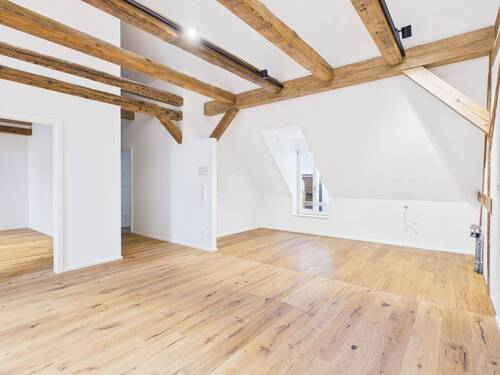 Wohnraum mit Blick in die Küche - ERSTBEZUG 2,5-Zimmer-Wohnung nach hochwertiger Denkmalsanierung - EBK Einbauschrank Cabrio-Fenster