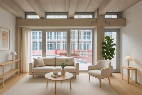 Beispielvisualisierung - Stilvoll wohnen: Helle Wohnung mit Designküche, bodentiefen Fenstern und Gemeinschaftsangeboten