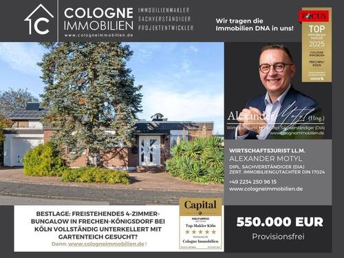 Immobilienlisting Frechen-Königsdorf - FAST FREISTEHENDER 4 bis 5-ZIMMER-BUNGALOW IN FRECHEN-KÖNIGSDORF VOLLSTÄNDIG UNTERKELLERT MIT GARAGE