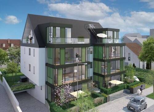 Visualisierung Vorderansicht - Zuhause ankommen: 4-ZW mit eigenem Garten! Nachhaltig wohnen im Effizienhaus 55EE im grünen Oberrad