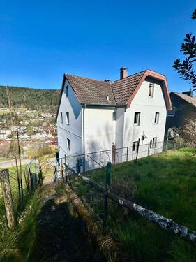 Blick vom Garten auf das Haus - Preiswert wohnen mit großem Grundstück und herrlicher Aussicht!