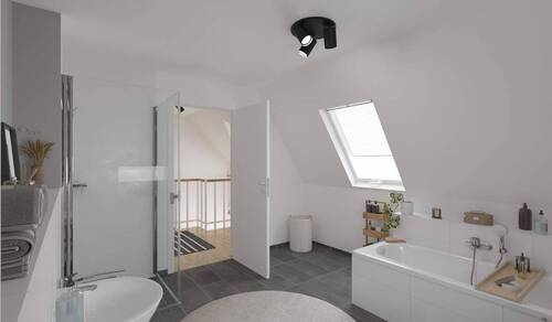 Ein modern gefliestes Badezimmer mit Badewanne und bodengleicher Dusche - 