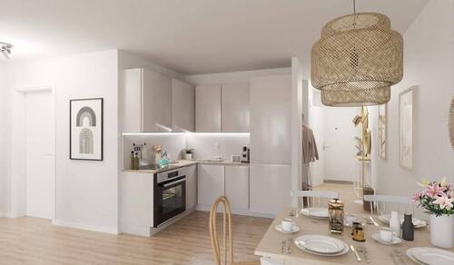 Die offene Wohnküche lädt zum gemeinsamen Kochen e - Moderne Wohnung mit Loggia und Aufzug