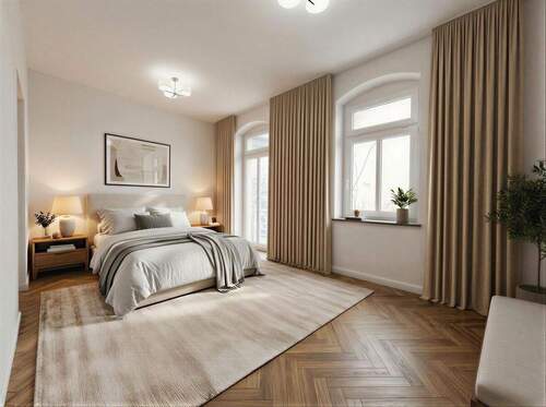 Schlafzimmer mit Ausgang zur Terrasse _visualisiert mit KI - 4 Zimmer Etagenwohnung in Dresden