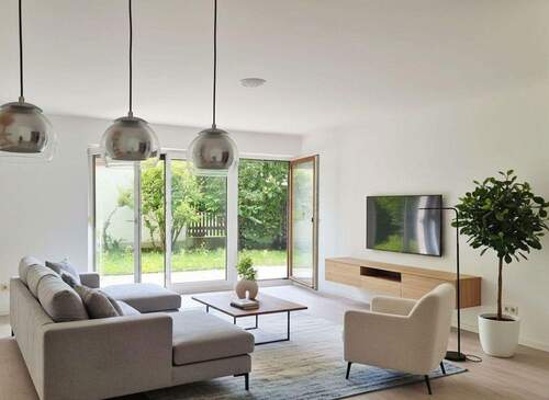 Wohnzimmer KI Einrichtung - Ruhige, sonnige 2-Zimmer Gartenwohnung - 59 qm - mit Südterrasse im Münchner Norden