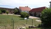 Hoffläche mit Scheunen u. Gutshaus im Hintergrund - 