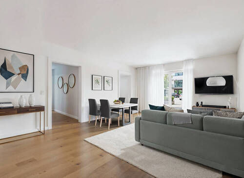 Einrichtungsbeispiel Wohnen-Essen - Raum für Leben, Licht und Leichtigkeit - Neubau 3-Zi-Wohnung mit großen Balkon- EH 40 mit QNG Plus