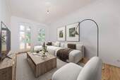 Einrichtungsidee Wohnzimmer - Sanierter Altbautraum mit hohen Stuckdecken + Badewanne + Balkon (0 Provision & sofort bezugsfrei)