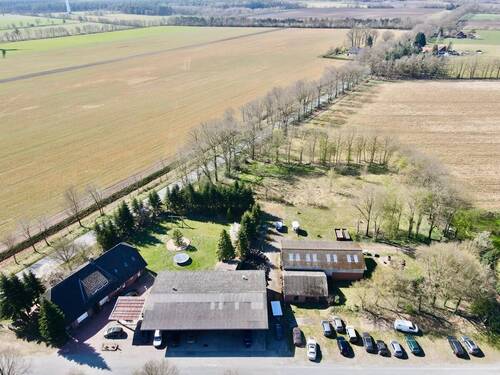 Luftaufnahme - Ein-Zweifamilienhaus mit Gewerbehalle in 49626 Bippen - Ohrtermersch