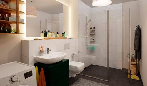 Ein Badezimmer mit bodengleicher Dusche - Etagenwohnung mit 120,60 m&sup2; in Düsseldorf zum Kaufen