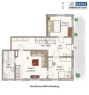 Der Grundriss - Moisburg - Vermietung einer top renovierten 3 Zimmer SINGLE-Wohnung mit ca. 60 m² im EG, sonnige Hanglage mit Terrasse in 21647 Moisburg