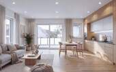 Innenvisualisierung Wohnen-Essen-Kochen - Sofort einziehen - Lichtdurchflutete 3-Zimmer-Wohnung mit Südwest-Balkon und Echtholz-Parkett