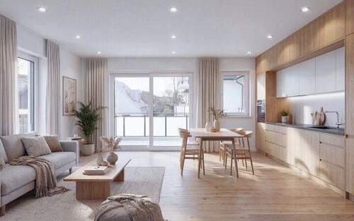Innenvisualisierung Wohnen-Essen-Kochen - Sofort einziehen - Lichtdurchflutete 3-Zimmer-Wohnung mit Südwest-Balkon und Echtholz-Parkett