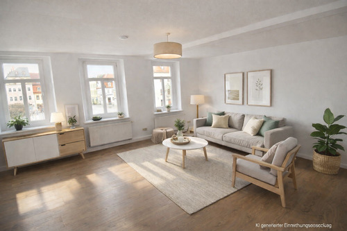 Modernes Wohnzimmer mit natürlichen Akzenten.png - „Beste Innenstadtlage: 2-Zimmer-Wohnung im 1. Obergeschoss.“