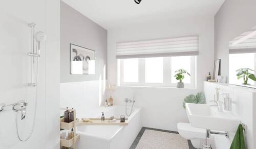 Modern gefliestes Bad mit bodengleicher Dusche und Badewanne - 