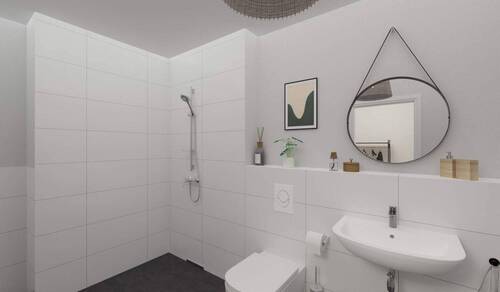 Modernes Badezimmer mit bodengleicher Dusche - 1 Zimmer Terrassenwohnung zum Kaufen in Langen