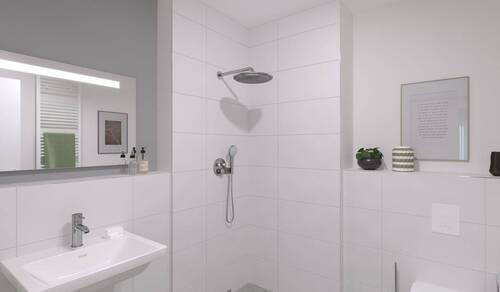 Ein modern gefliestes Badezimmer mit bodengleicher - Etagenwohnung mit 120,80 m² in Bad Honnef-Rhöndorf zum Kaufen