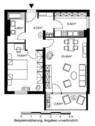 Grundriss mit Flur (8,32m²), Bad (4,66 m²), Küche (6,82 m²), Schlafzimmer (14,82 m²), Wohnzimmer 20,45 m²) und Loggia.JPG - 