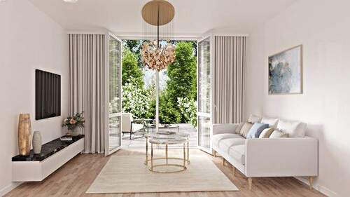 Offener Wohnbereich mit Zugang zu Westterrasse - Neubau Reicheneckhaus mit großen Garten in unmittelbarer Nähe zur Allacher Lohe, ausgeführt im KfW-40-Standard.