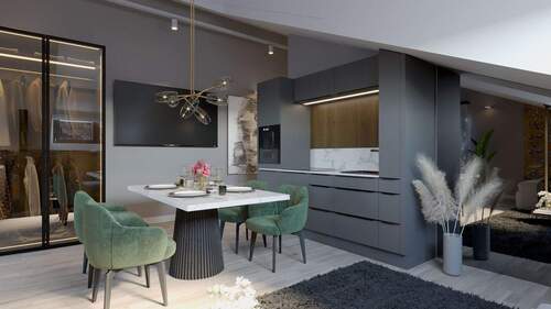 Beispieleinrichtung Wohnen u. Küche - Neubauprojekt 'Alpspitz-Suiten Lazarettstraße' Suite Nr. 11