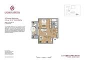 Grundriss mit Wohn-/Kochbereich (23,1 m²) Flur (2,6 m²), Abstellraum (3,2 m²), Badezimmer (6,2 m²), Schlafzimmer (13,3 m²) und Loggia (5,96 m²) - 