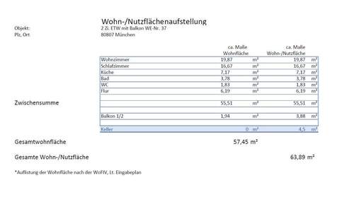 Aufstellung Wohn und Nutzfläche - 
