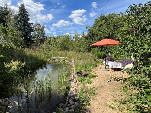 Teich_Sonnenschirm - Gemütliches Familienidyll mit kleinem Teich, naturbelassenem Garten und Nebengelass