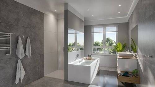 Bad mit Dusche Badewanne und Fenster - 