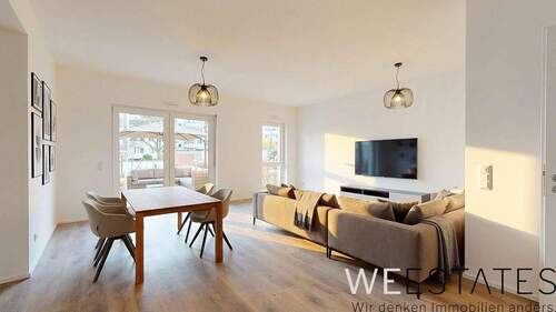 Wohn-und Esszimmer - Möblierungsbeispiel - Neubau - Erstbezug: Moderne 4-Zimmerwohnung mit Garten in Düsseldorf Eller!