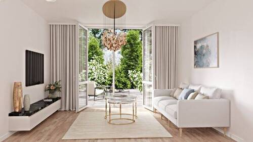 Offener Wohnbereich mit Zugang zu Westterrasse - Reicheneckhaus mit großen Garten in unmittelbarer Nähe zur Allacher Lohe, ausgeführt im KfW-40-Standard.