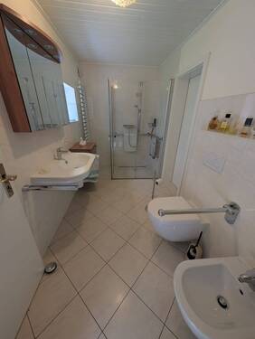 großes helles Badezimmer mit Dusche - 