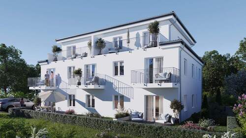 Visualisierung Außenanlagen I - Effizienzhaus 40: Neubau-2-Zimmer-Wohnung im 2. OG mit Loggia