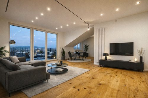 Möblierungsidee Wohn- und Essbereich, Loggia - Erstbezug! 2 Zimmer DG Wohnung mit Sonnenloggia zum Wohlfühlen, neue Böden, neues Bad, saniert!