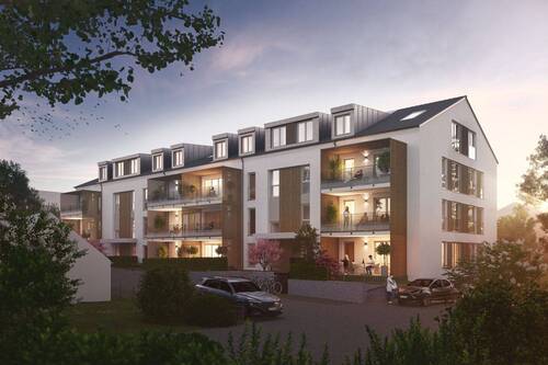 Visualisierung der Straßenansicht in Abendstimmung - Etagenwohnung mit 83,90 m² in Markt Schwaben zum Kaufen