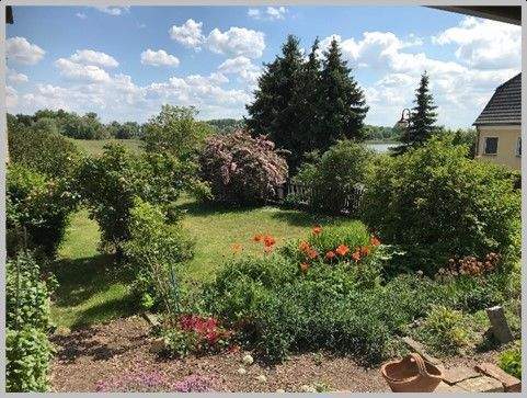 Garten m. Blick zum See n. Süden und Blumenbeeten - 