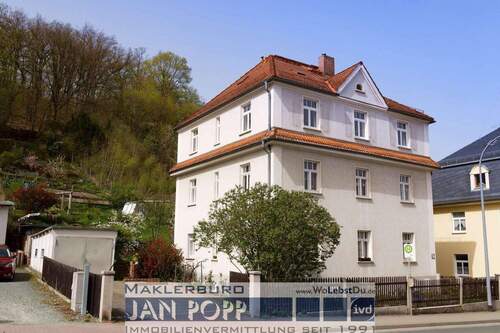 Ansicht mit Garage und Garten - 