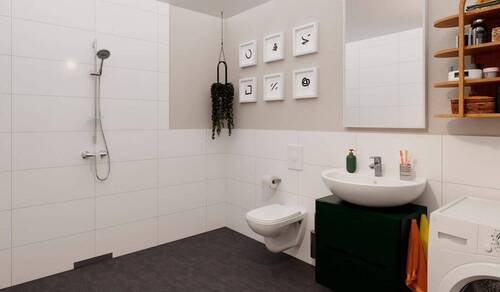 Badezimmer mit Dusche und Waschmaschinenanschluss - Etagenwohnung mit 56,90 m&sup2; in Berlin zum Kaufen