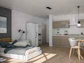 Wohnbereich/Küche mit Homestaging - Neubau-Erstbezug! Stilvolle 1-Zimmer-Wohnung in zentraler Lage